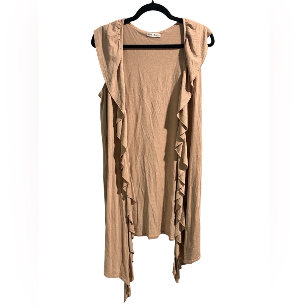 Allen Allen Ruffle Open Front Vest Tan Beige Cotton Rayon Size M Boho Layering